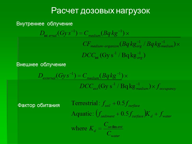 Расчет дозовых нагрузок Внутреннее облучение Внешнее облучение Фактор обитания Расчет дозовых нагрузок Внутреннее облучение Внешнее облучение Фактор обитания